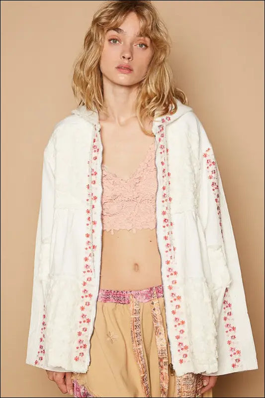 POL Embroidered Lace Patch Zip Up Hooded Jacket - Ivory / S