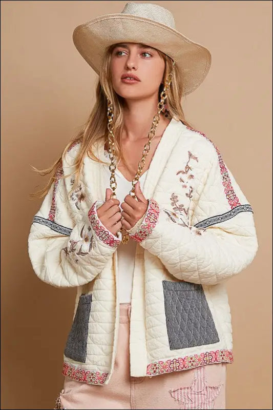 POL Embroidered Open Front Long Sleeve Jacket - Cream / S