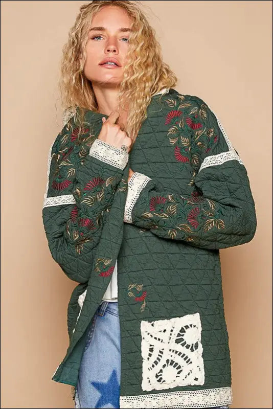 POL Embroidered Open Front Quilted Jacket with Crochet Pockets