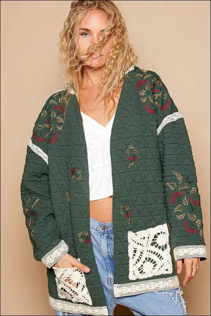 POL Embroidered Open Front Quilted Jacket with Crochet Pockets