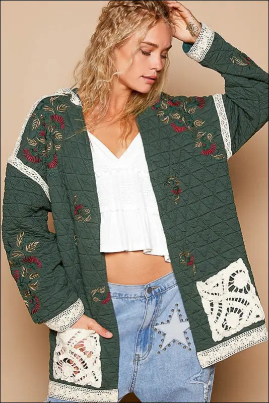 POL Embroidered Open Front Quilted Jacket with Crochet Pockets - Dark Green / S