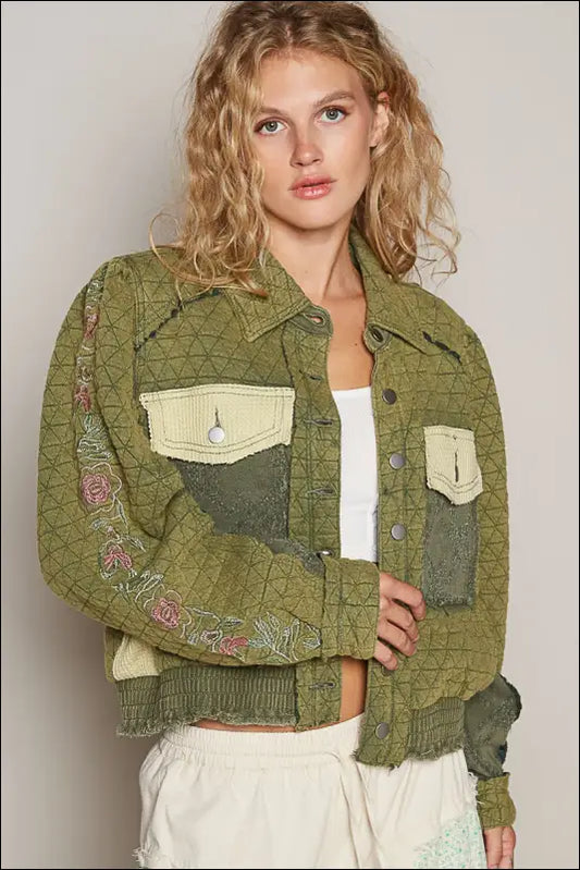 POL Embroidered Sleeve Raw Edge Quilted Jacket - Basil Multi / S