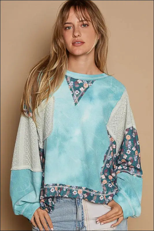 POL Floral Patchwork Round Neck Knit Top - Teal / S