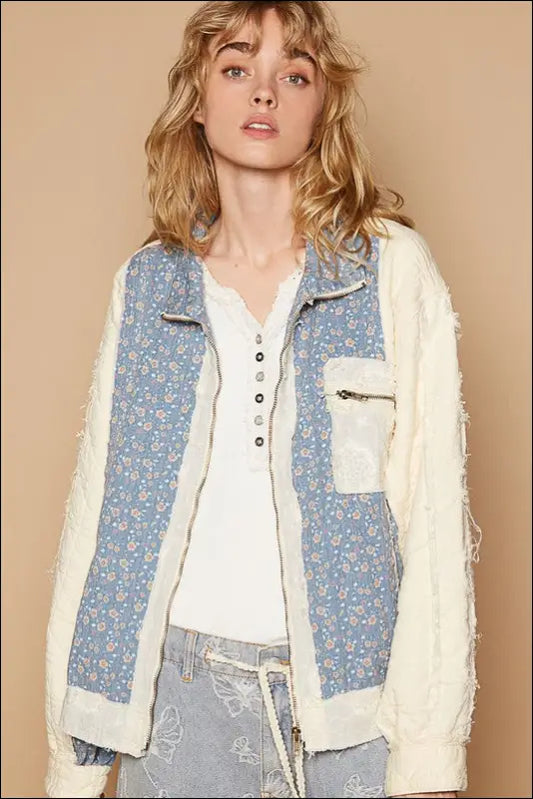 POL Floral Patchwork Zip Up Long Sleeve Jacket - Cream / S