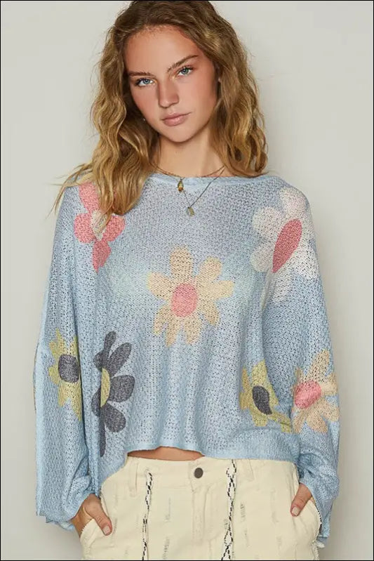 POL Flower Dropped Shoulder Long Sleeve Knit Top - Baby Blue / S