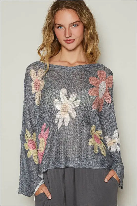 POL Flower Dropped Shoulder Long Sleeve Knit Top - Charcoal / S