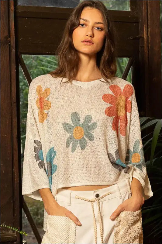 POL Flower Dropped Shoulder Long Sleeve Knit Top - Ivory / S