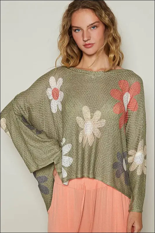 POL Flower Dropped Shoulder Long Sleeve Knit Top - Olive / S