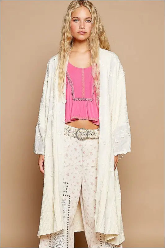 POL Flower Lace Trim Open Front Longline Cardigan - Cream / S/M