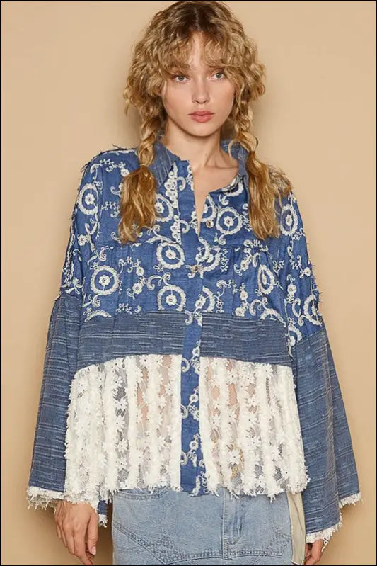 POL Lace Hem Embroidered Long Sleeve Shirt - Peacock Blue / S