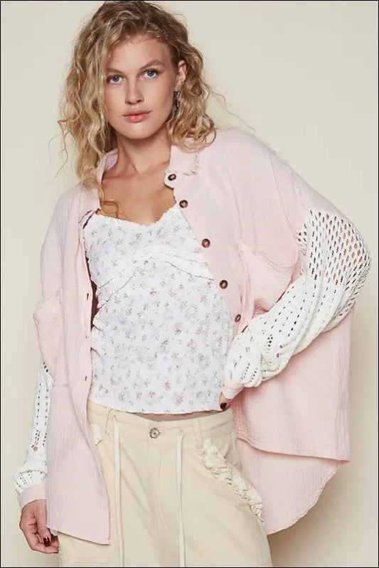 POL Openwork Lantern Sleeve Button Down Gauze Shirt - Blush Pink / S