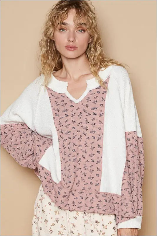 POL Waffle Knit Floral Notched Long Sleeve Top - White / S