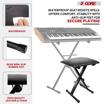 5Core Keyboard Stand Single X Style Adjustable Piano Riser + Keyboard Piano Bench