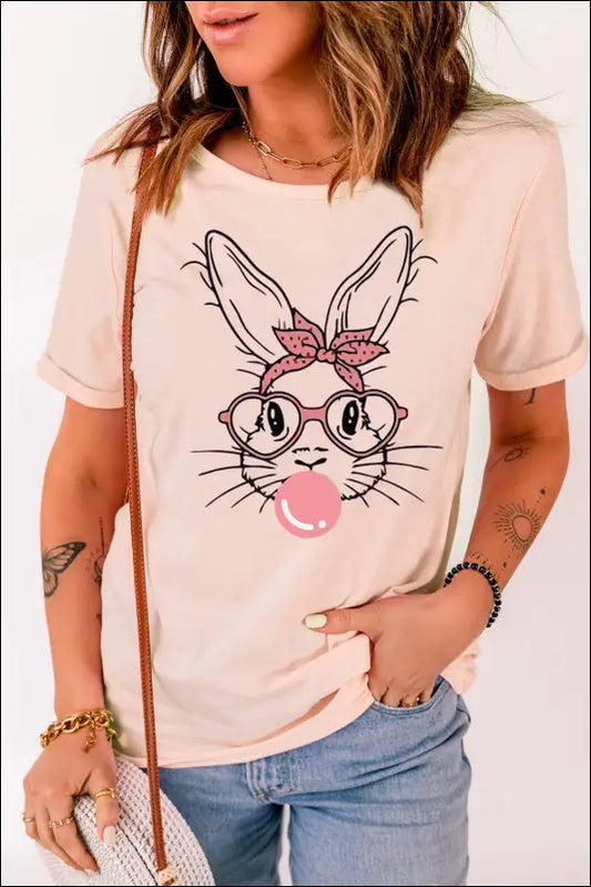 Rabbit Graphic Round Neck Short Sleeve T-Shirt - Blush Pink / S