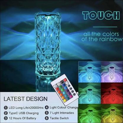 Rechargeable RGB Rose LED Night Light - 16-Color Crystal Touch Table Lamp for Bedroom & Christmas Decor - MULTI / WHITE