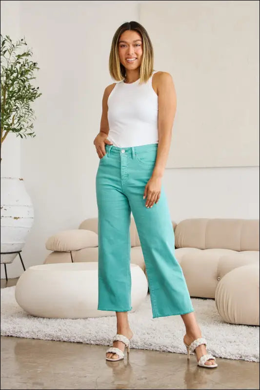 RFM Crop Chloe Full Size Tummy Control High Waist Raw Hem Jeans - Island Green / 23