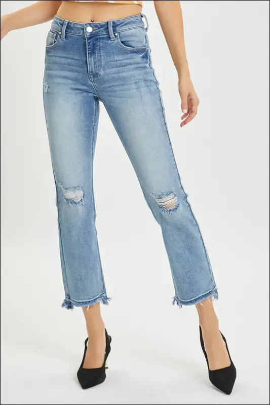 RISEN Full Size High Rise Distressed Cropped Straight Jeans - Medium