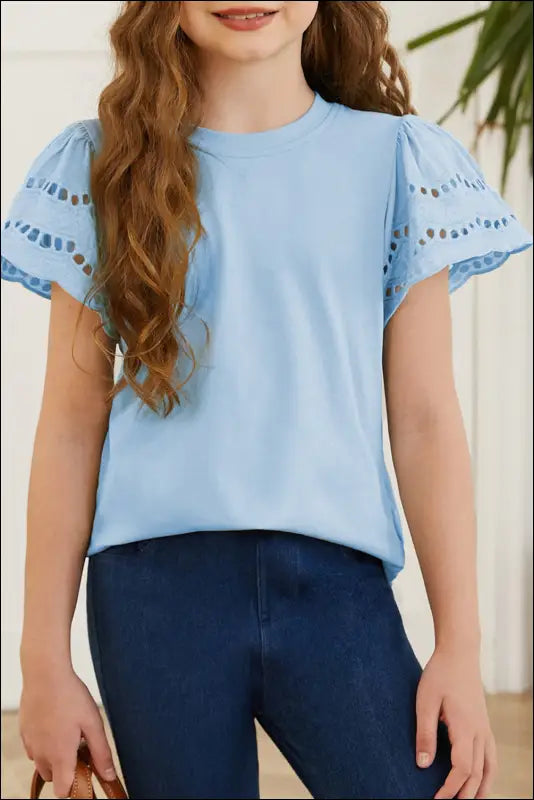 Round Neck Flutter Sleeve T-Shirt - Misty Blue / S