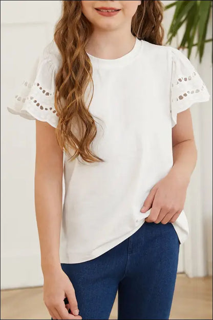 Round Neck Flutter Sleeve T-Shirt - White / S