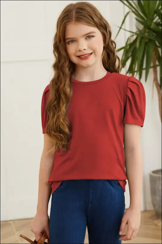 Round Neck Puff Sleeve T-Shirt - Deep Red / S