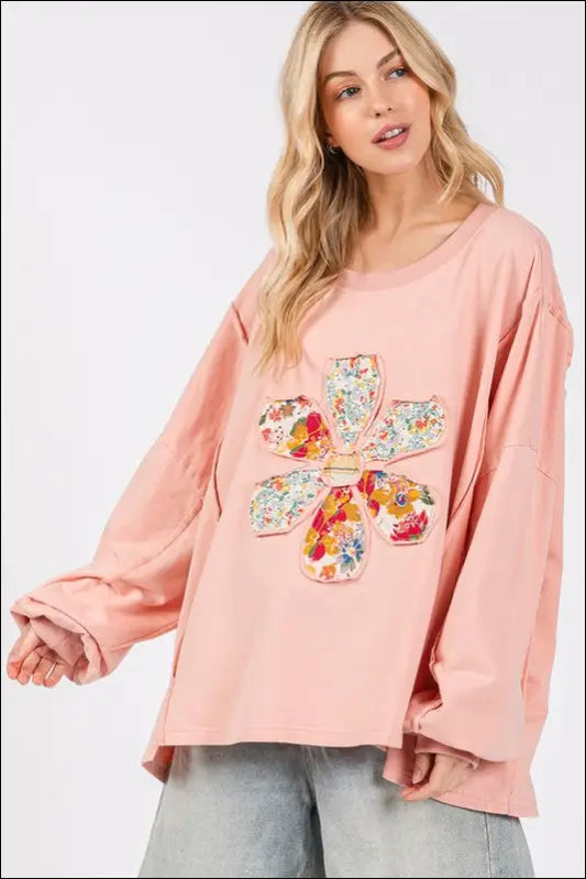 SAGE + FIG Flower Patch Dropped Shoulder Oversize Top - Watermelon pink / S