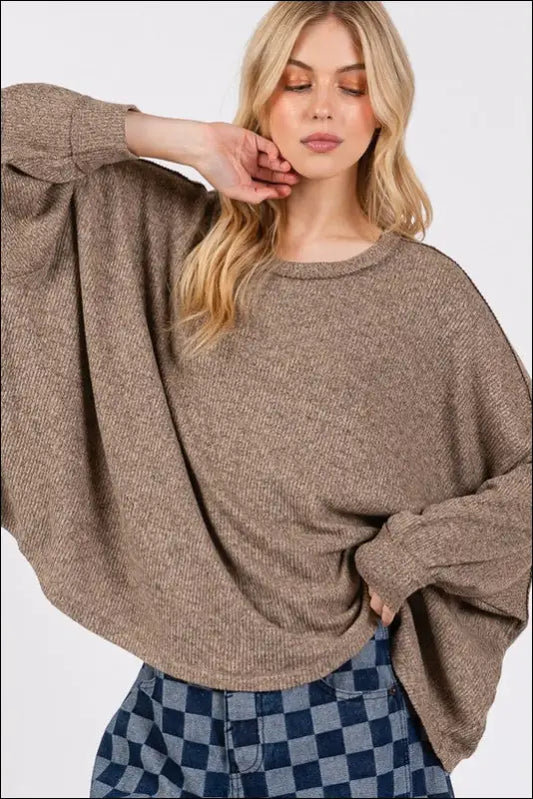 SAGE + FIG Round Neck Batwing Sleeve Oversize Top - Coffee Brown / S