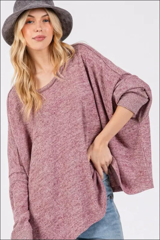 SAGE + FIG Round Neck Batwing Sleeve Oversize Top - Mulberry / S