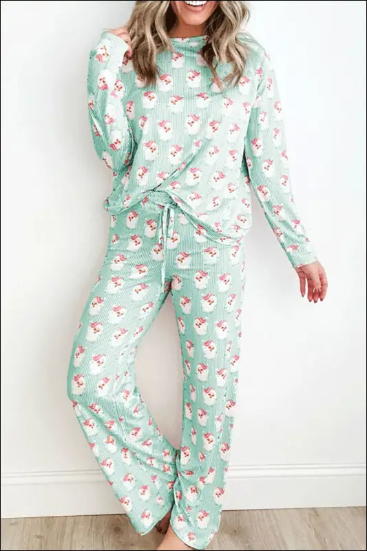 Santa Print Long Sleeve Top and Pants Lounge Set - Light Green / S