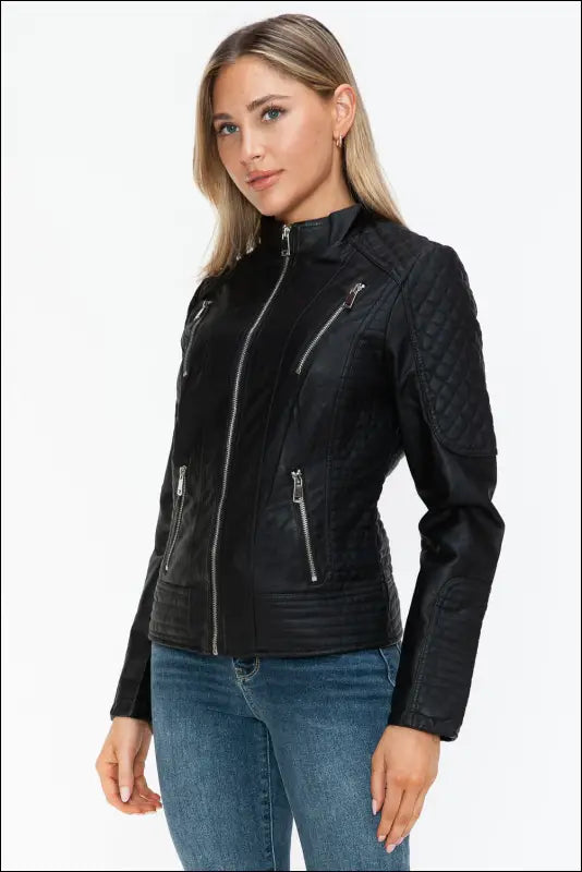 Snobbish Faux Leather Zip Up Mock Neck Jacket