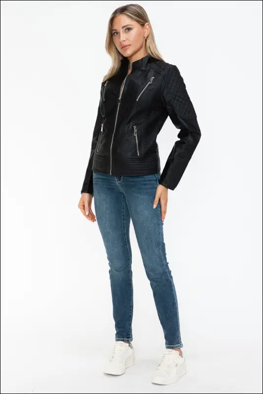 Snobbish Faux Leather Zip Up Mock Neck Jacket