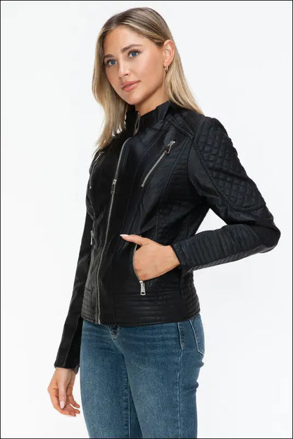 Snobbish Faux Leather Zip Up Mock Neck Jacket