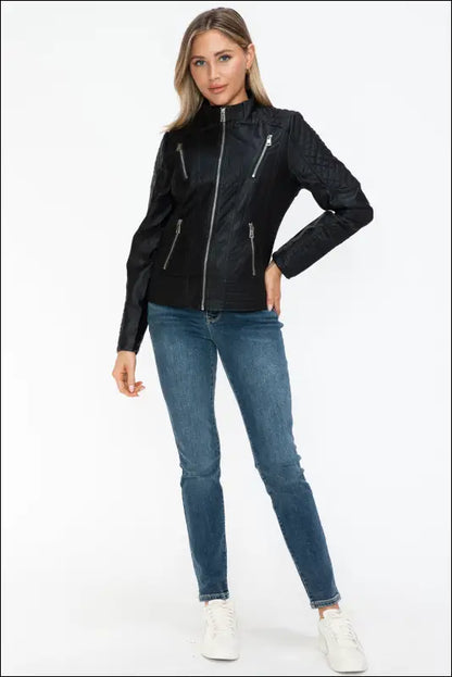 Snobbish Faux Leather Zip Up Mock Neck Jacket