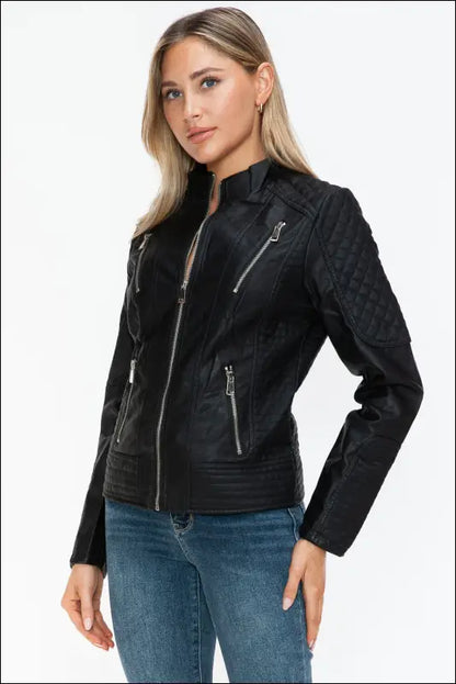 Snobbish Faux Leather Zip Up Mock Neck Jacket