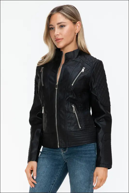 Snobbish Faux Leather Zip Up Mock Neck Jacket