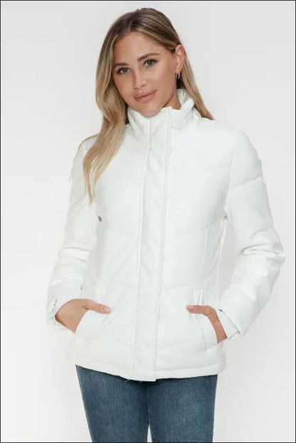 Snobbish Pocketed Zip Up Turtleneck Puffer Jacket - White / S