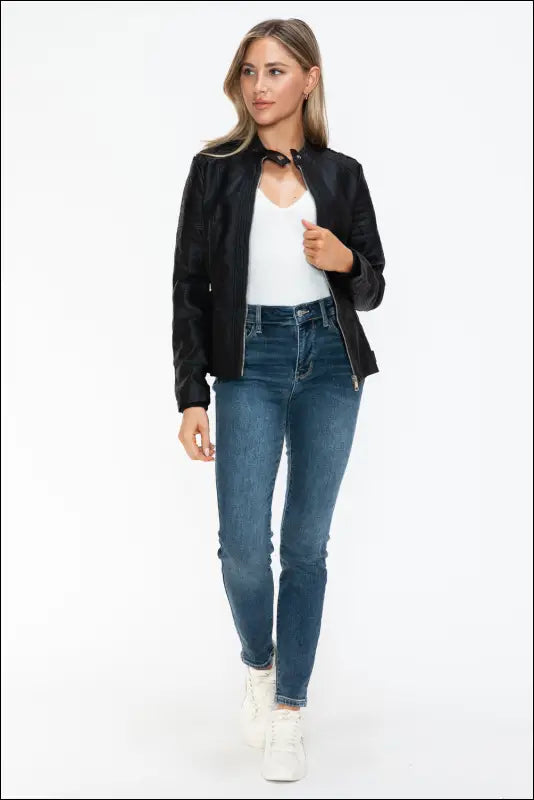 Snobbish PU Leather Biker Jacket with Side Zip Pockets