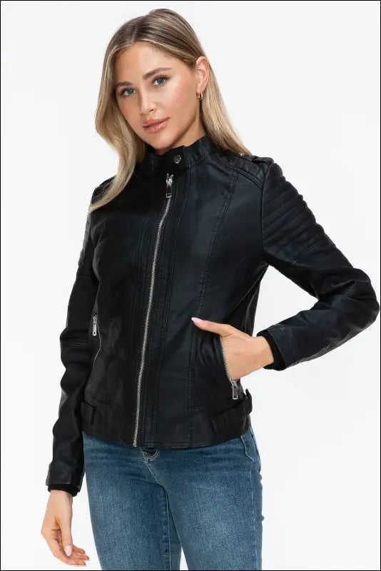 Snobbish PU Leather Biker Jacket with Side Zip Pockets