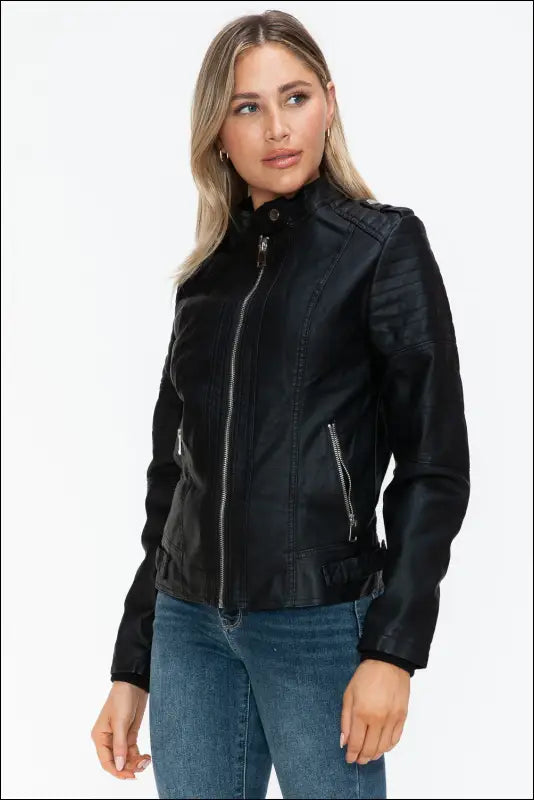 Snobbish PU Leather Biker Jacket with Side Zip Pockets