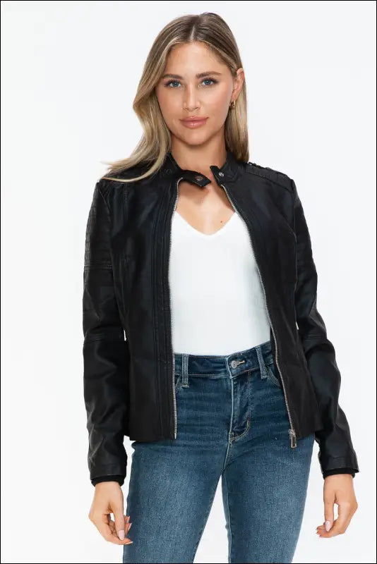 Snobbish PU Leather Biker Jacket with Side Zip Pockets - Black / S