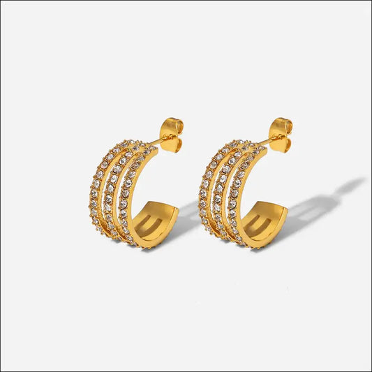 Stainless Steel Inlaid Zircon C-Hoop Earrings - Gold / One Size