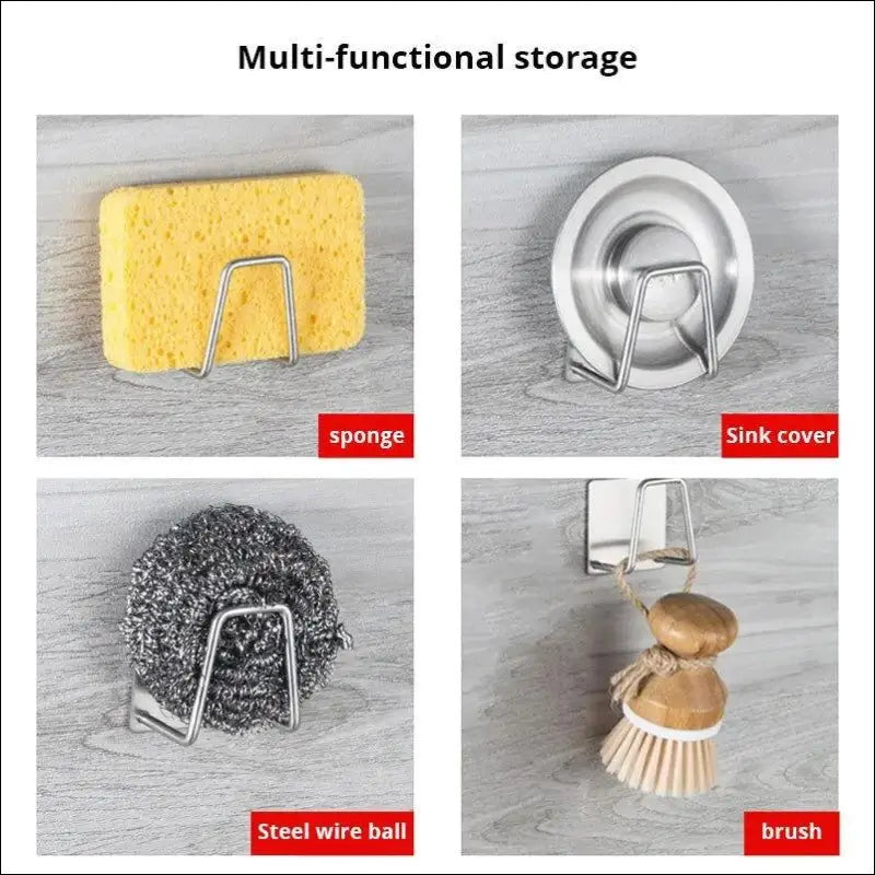 ’Stainless Steel Sink Sponge Rack | Self-Adhesive Holder for & Wire Ball | Draining Kitchen Organizer Wall’ - Stainless