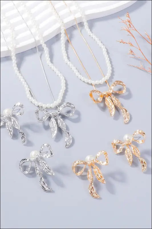 Synthetic Pearl Necklace Bow and Earrings Jewelry Set