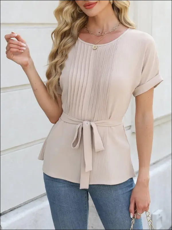 Tied Pleated Round Neck Short Sleeve Top