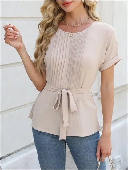 Tied Pleated Round Neck Short Sleeve Top