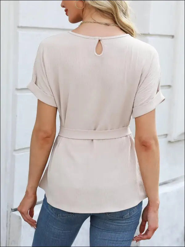 Tied Pleated Round Neck Short Sleeve Top