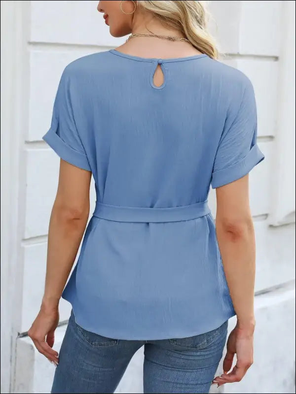 Tied Pleated Round Neck Short Sleeve Top