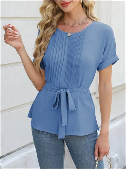 Tied Pleated Round Neck Short Sleeve Top - Cerulean / S