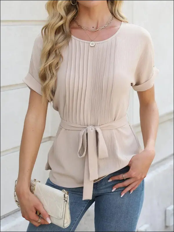 Tied Pleated Round Neck Short Sleeve Top - Eggshell / S