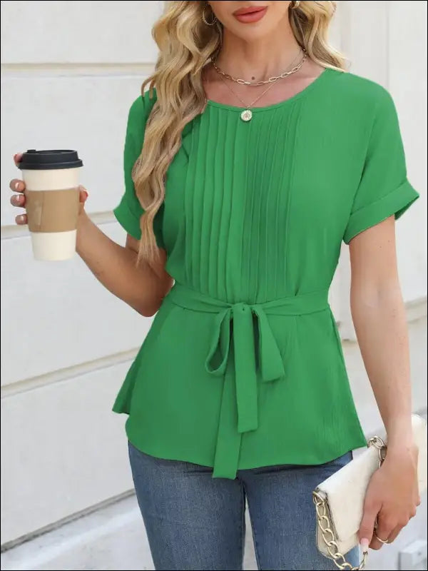 Tied Pleated Round Neck Short Sleeve Top - Green / S