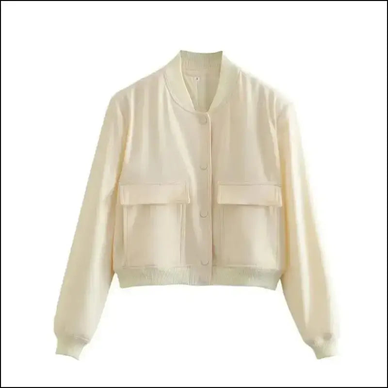 TRAF Women’s White Bomber Jacket - Cropped Long sleeve crop outerwear Autumn winter cropped jacket - Beige / S